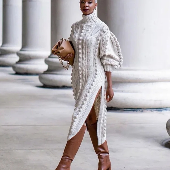 Autumn Women Long Sleeve Turtleneck Knitted Dress - Picture 5 of 8